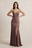 Spaghetti Strap Sheath Satin Bridesmaid Dress in Espresso - SHE IS ME Bridesmaid Dresses