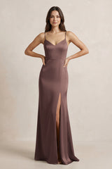 Spaghetti Strap Sheath Satin Bridesmaid Dress in Espresso - KISS BRIDAL Bridesmaid Dresses