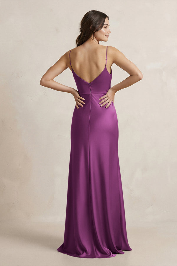 Spaghetti Strap Sheath Satin Bridesmaid Dress in Fig - SHE IS ME Bridesmaid Dresses