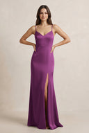 Spaghetti Strap Sheath Satin Bridesmaid Dress in Fig - SHE IS ME Bridesmaid Dresses