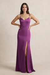 Spaghetti Strap Sheath Satin Bridesmaid Dress in Fig - KISS BRIDAL Bridesmaid Dresses