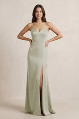 Spaghetti Strap Sheath Satin Bridesmaid Dress in Frost - KISS BRIDAL Bridesmaid Dresses