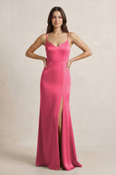Spaghetti Strap Sheath Satin Bridesmaid Dress in Fuchsia - SHE IS ME Bridesmaid Dresses