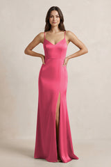 Spaghetti Strap Sheath Satin Bridesmaid Dress in Fuchsia - KISS BRIDAL Bridesmaid Dresses
