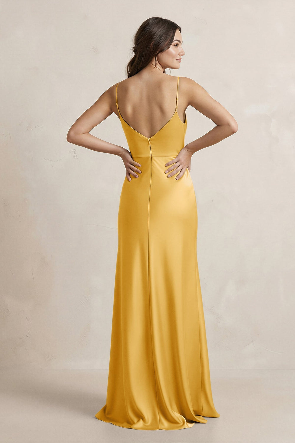Spaghetti Strap Sheath Satin Bridesmaid Dress in Gold - KISS BRIDAL Bridesmaid Dresses