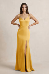 Spaghetti Strap Sheath Satin Bridesmaid Dress in Gold - KISS BRIDAL Bridesmaid Dresses