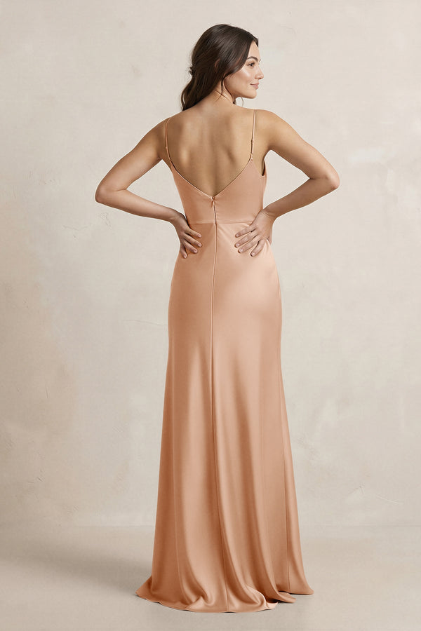 Spaghetti Strap Sheath Satin Bridesmaid Dress in Golden Champagne - KISS BRIDAL Bridesmaid Dresses
