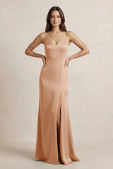 Spaghetti Strap Sheath Satin Bridesmaid Dress in Golden Champagne - KISS BRIDAL Bridesmaid Dresses