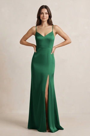 Spaghetti Strap Sheath Satin Bridesmaid Dress in Green - SHE IS ME Bridesmaid Dresses