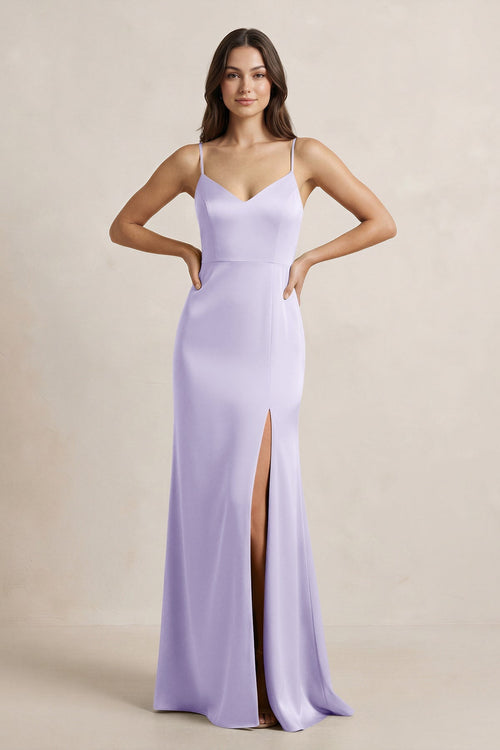 Spaghetti Strap Sheath Satin Bridesmaid Dress in Lavender - SHE IS ME Bridesmaid Dresses
