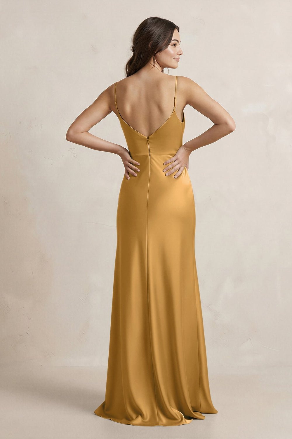 Spaghetti Strap Sheath Satin Bridesmaid Dress in Marigold - KISS BRIDAL Bridesmaid Dresses