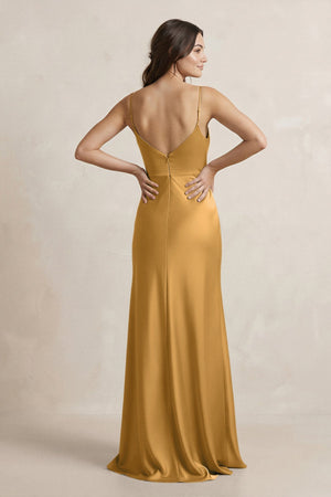 Spaghetti Strap Sheath Satin Bridesmaid Dress in Marigold - SHE IS ME Bridesmaid Dresses
