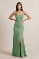 Spaghetti Strap Sheath Satin Bridesmaid Dress in Matcha - SHE IS ME Bridesmaid Dresses