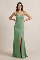 Spaghetti Strap Sheath Satin Bridesmaid Dress in Matcha - KISS BRIDAL Bridesmaid Dresses
