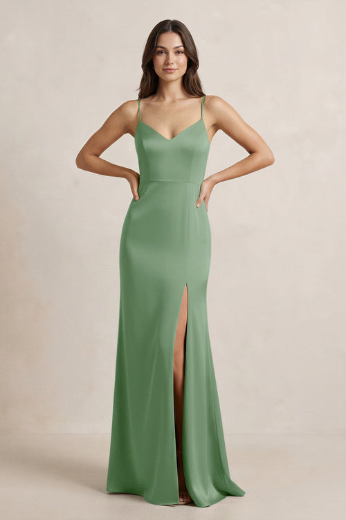 Spaghetti Strap Sheath Satin Bridesmaid Dress in Matcha - SHE IS ME Bridesmaid Dresses