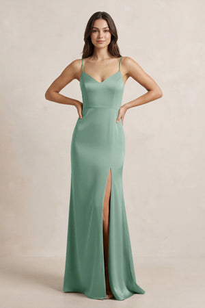 Spaghetti Strap Sheath Satin Bridesmaid Dress in Mint Green - SHE IS ME Bridesmaid Dresses