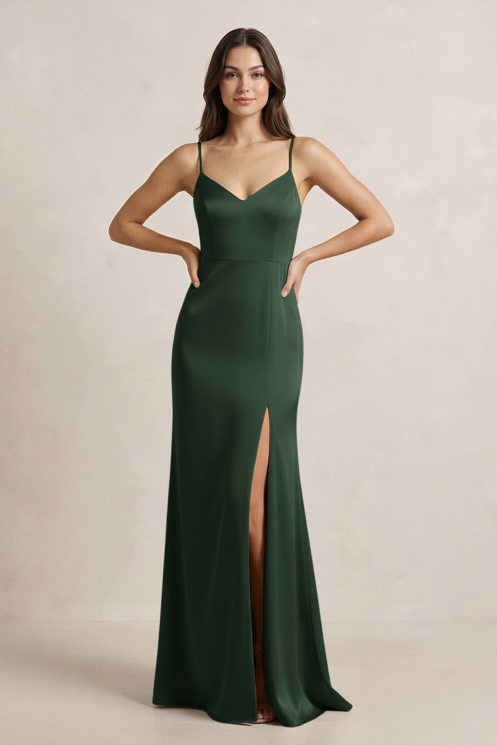 Spaghetti Strap Sheath Satin Bridesmaid Dress in Moss - KISS BRIDAL Bridesmaid Dresses