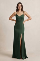 Spaghetti Strap Sheath Satin Bridesmaid Dress in Moss - KISS BRIDAL Bridesmaid Dresses
