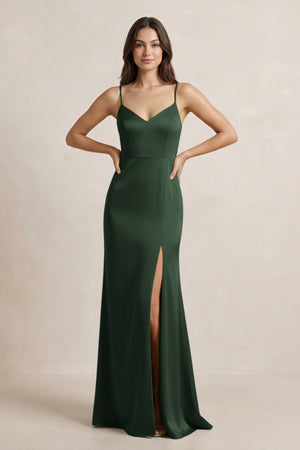 Spaghetti Strap Sheath Satin Bridesmaid Dress in Moss - SHE IS ME Bridesmaid Dresses