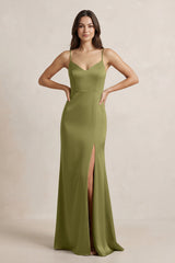 Spaghetti Strap Sheath Satin Bridesmaid Dress in Moss Green - KISS BRIDAL Bridesmaid Dresses