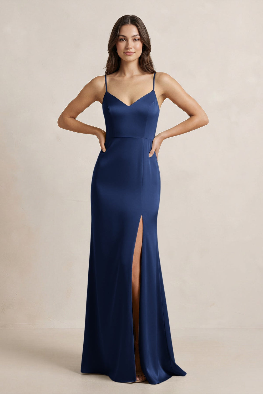 Spaghetti Strap Sheath Satin Bridesmaid Dress in Navy - KISS BRIDAL Bridesmaid Dresses
