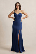 Spaghetti Strap Sheath Satin Bridesmaid Dress in Navy - SHE IS ME Bridesmaid Dresses