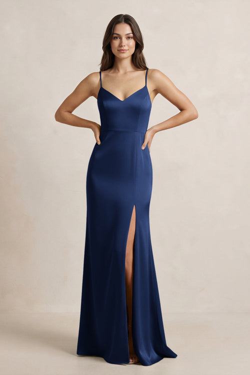 Spaghetti Strap Sheath Satin Bridesmaid Dress in Navy - SHE IS ME Bridesmaid Dresses