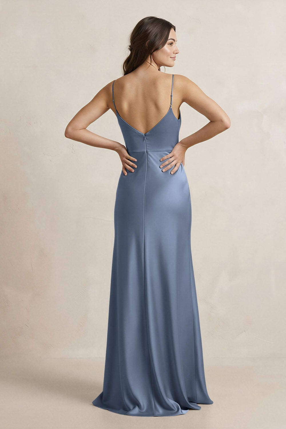 Spaghetti Strap Sheath Satin Bridesmaid Dress in Neptune - KISS BRIDAL Bridesmaid Dresses