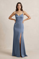 Spaghetti Strap Sheath Satin Bridesmaid Dress in Neptune - SHE IS ME Bridesmaid Dresses