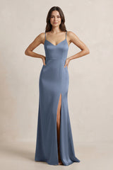 Spaghetti Strap Sheath Satin Bridesmaid Dress in Neptune - KISS BRIDAL Bridesmaid Dresses
