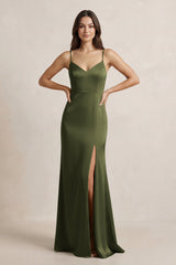 Spaghetti Strap Sheath Satin Bridesmaid Dress in Olive - KISS BRIDAL Bridesmaid Dresses