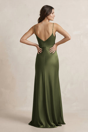 Spaghetti Strap Sheath Satin Bridesmaid Dress in Olive - SHE IS ME Bridesmaid Dresses