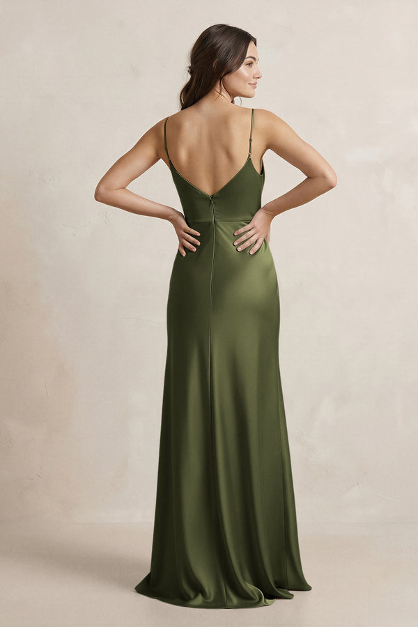 Spaghetti Strap Sheath Satin Bridesmaid Dress in Olive - SHE IS ME Bridesmaid Dresses