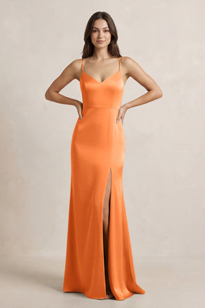 Spaghetti Strap Sheath Satin Bridesmaid Dress in Orange - SHE IS ME Bridesmaid Dresses