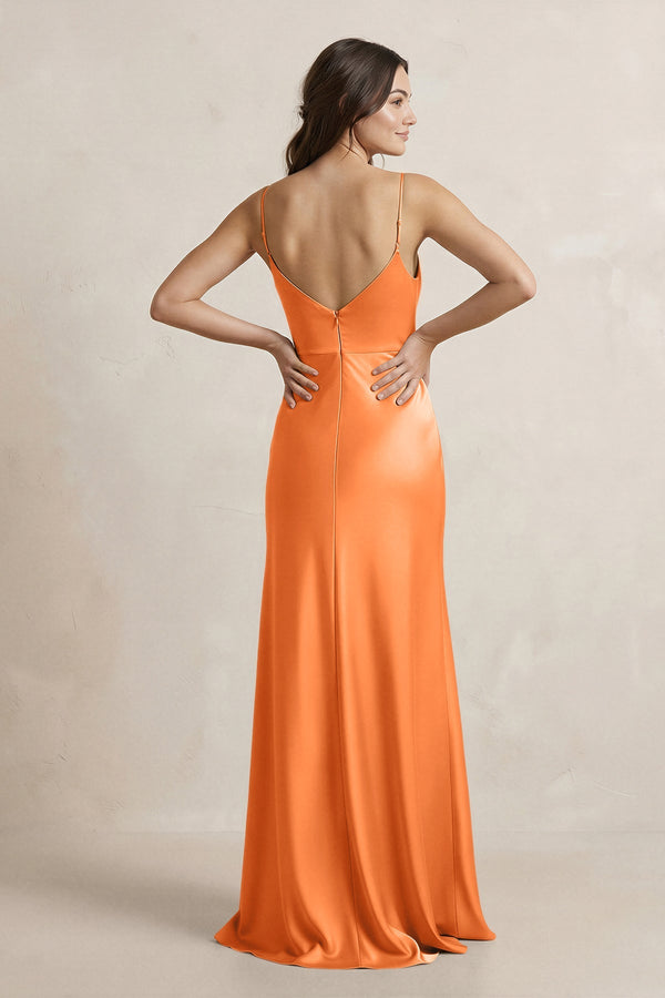 Spaghetti Strap Sheath Satin Bridesmaid Dress in Orange - SHE IS ME Bridesmaid Dresses