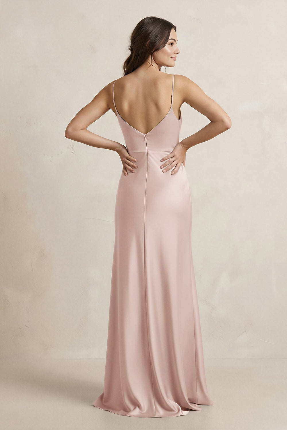 Spaghetti Strap Sheath Satin Bridesmaid Dress in Pale Blush - KISS BRIDAL Bridesmaid Dresses