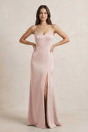 Spaghetti Strap Sheath Satin Bridesmaid Dress in Pale Blush - SHE IS ME Bridesmaid Dresses