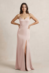 Spaghetti Strap Sheath Satin Bridesmaid Dress in Pale Blush - KISS BRIDAL Bridesmaid Dresses