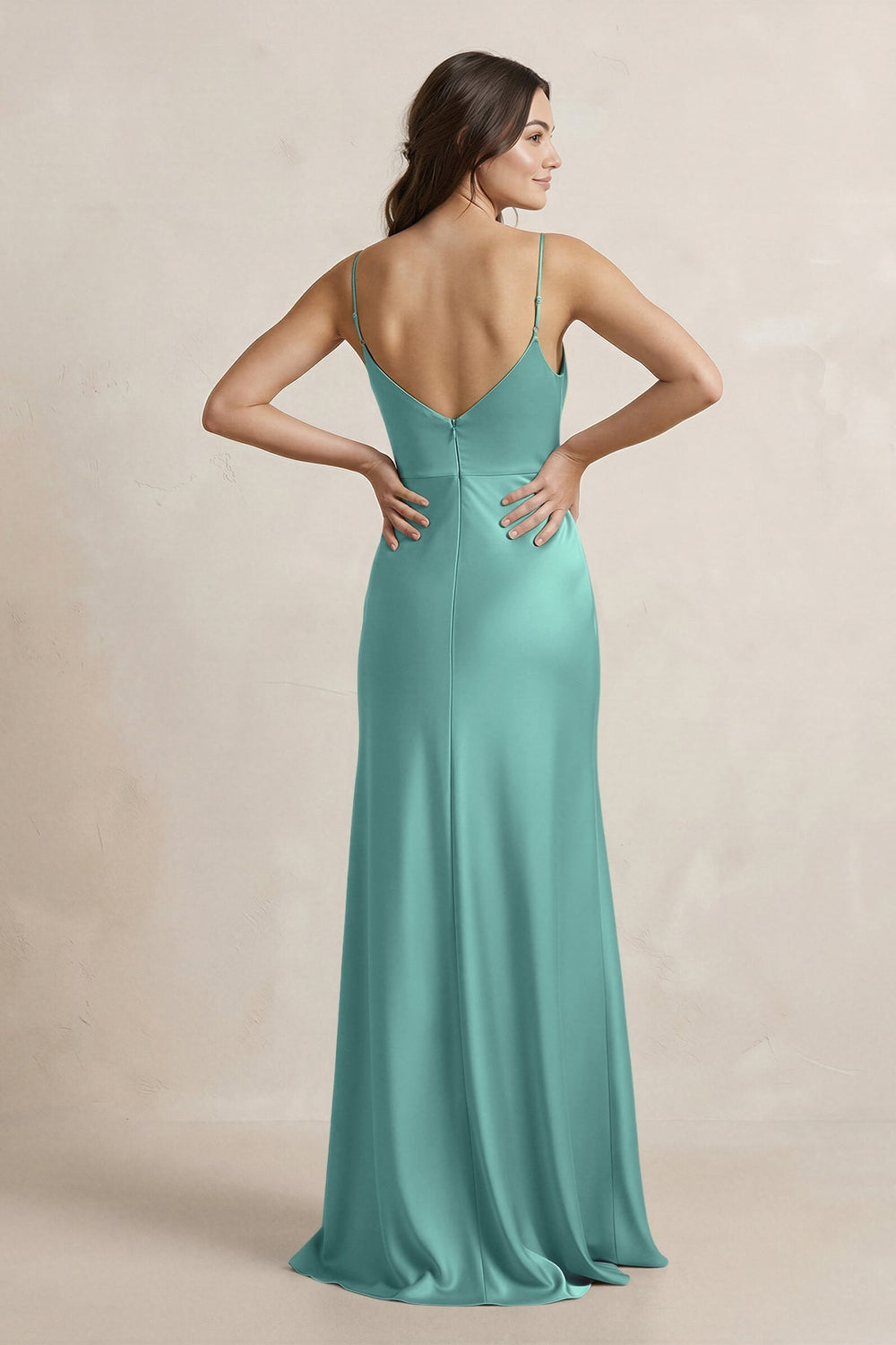 Spaghetti Strap Sheath Satin Bridesmaid Dress in Pale Pistachio - KISS BRIDAL Bridesmaid Dresses