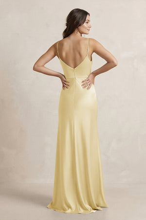 Spaghetti Strap Sheath Satin Bridesmaid Dress in Pastel Yellow - SHE IS ME Bridesmaid Dresses