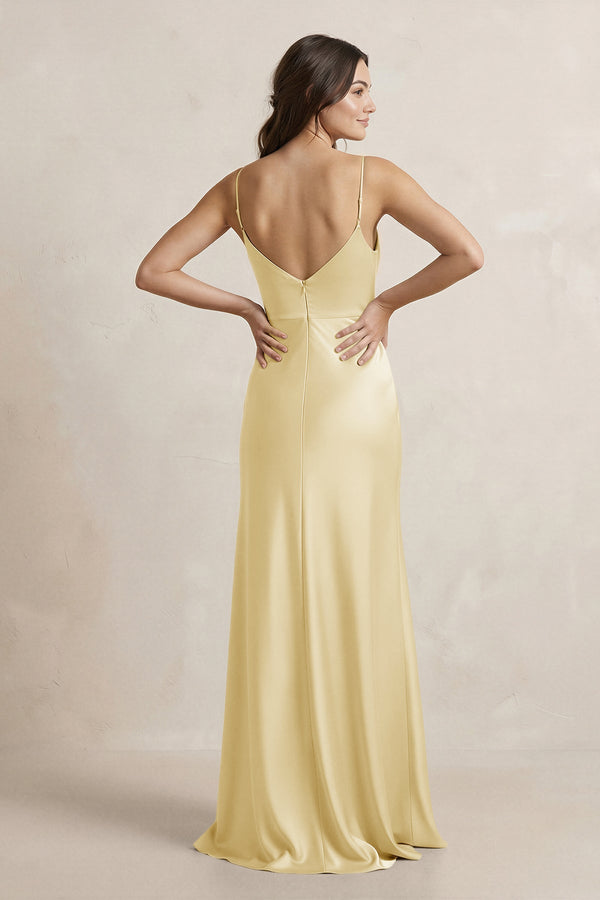 Spaghetti Strap Sheath Satin Bridesmaid Dress in Pastel Yellow - SHE IS ME Bridesmaid Dresses