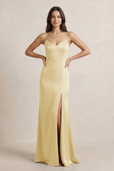 Spaghetti Strap Sheath Satin Bridesmaid Dress in Pastel Yellow - KISS BRIDAL Bridesmaid Dresses