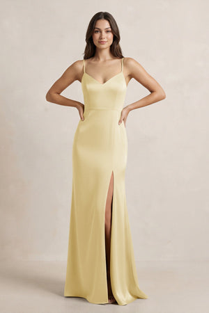 Spaghetti Strap Sheath Satin Bridesmaid Dress in Pastel Yellow - SHE IS ME Bridesmaid Dresses