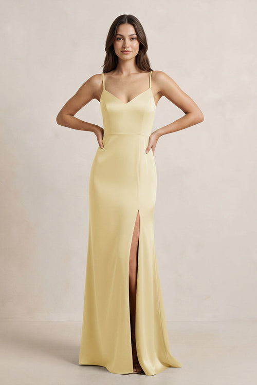 Spaghetti Strap Sheath Satin Bridesmaid Dress in Pastel Yellow - SHE IS ME Bridesmaid Dresses