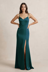 Spaghetti Strap Sheath Satin Bridesmaid Dress in Pine - KISS BRIDAL Bridesmaid Dresses