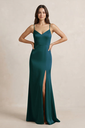 Spaghetti Strap Sheath Satin Bridesmaid Dress in Pine - SHE IS ME Bridesmaid Dresses