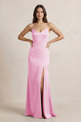 Spaghetti Strap Sheath Satin Bridesmaid Dress in Pink - KISS BRIDAL Bridesmaid Dresses
