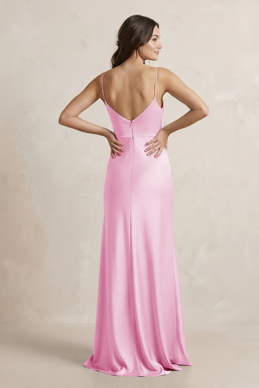 Spaghetti Strap Sheath Satin Bridesmaid Dress in Pink - KISS BRIDAL Bridesmaid Dresses