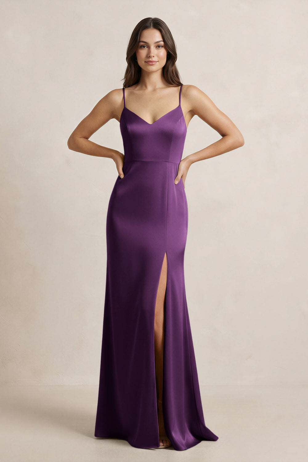Spaghetti Strap Sheath Satin Bridesmaid Dress in Plum - KISS BRIDAL Bridesmaid Dresses
