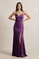 Spaghetti Strap Sheath Satin Bridesmaid Dress in Plum - SHE IS ME Bridesmaid Dresses